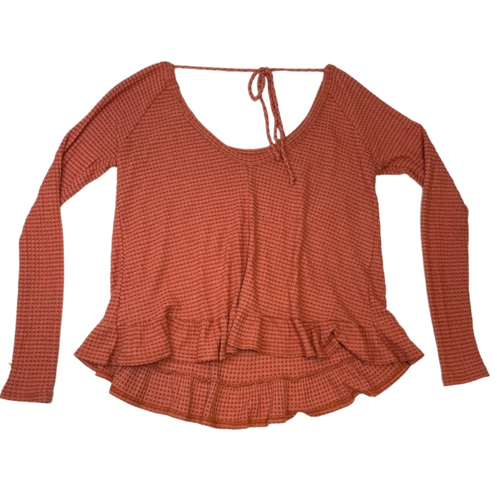 Peach Love California Thermal Waffle Knit Peplum Ruffle Tie-Back Top Women's S
